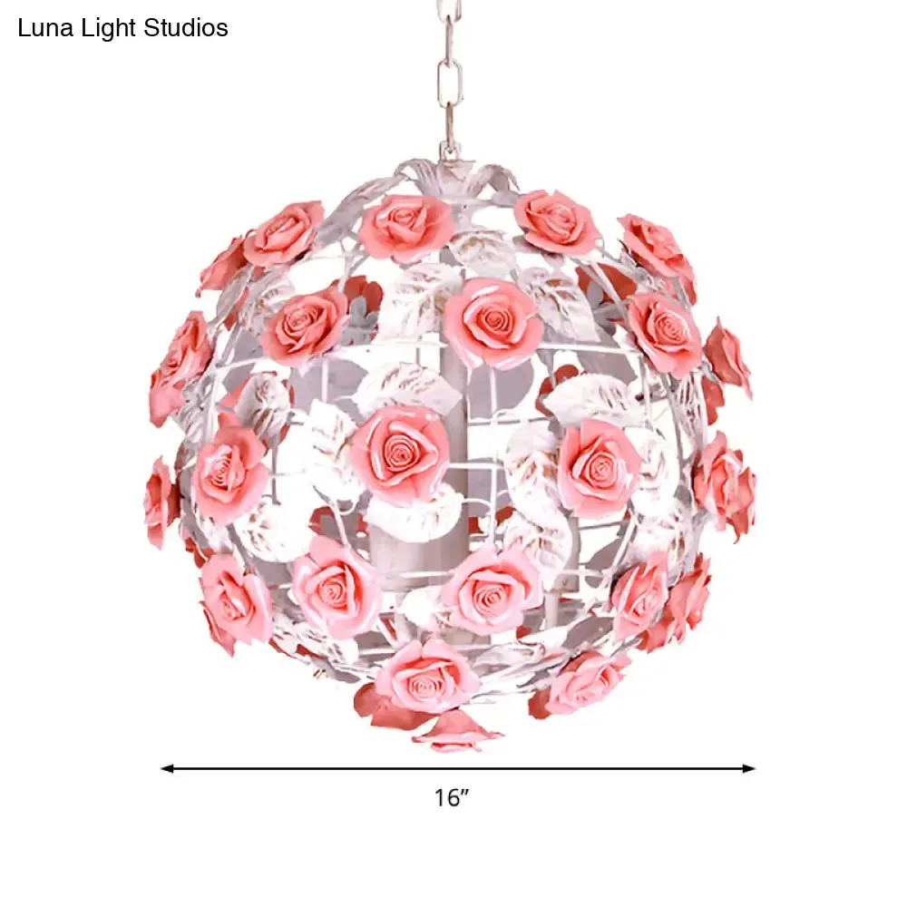 14"/16" White Metal Pendant Light with Pink Ball Shade - Romantic Rose Ceiling Lamp