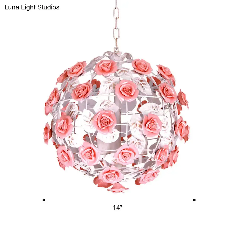 14"/16" White Metal Pendant Light with Pink Ball Shade - Romantic Rose Ceiling Lamp