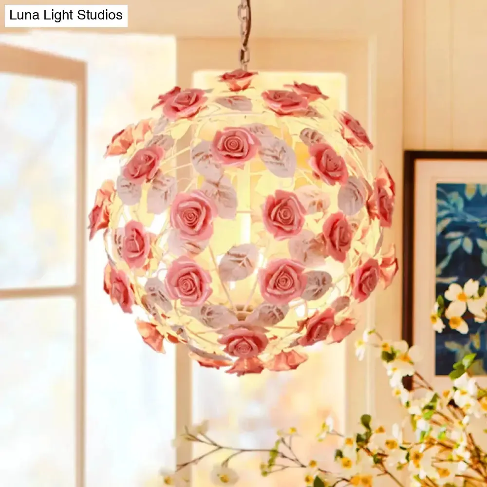 14"/16" White Metal Pendant Light with Pink Ball Shade - Romantic Rose Ceiling Lamp