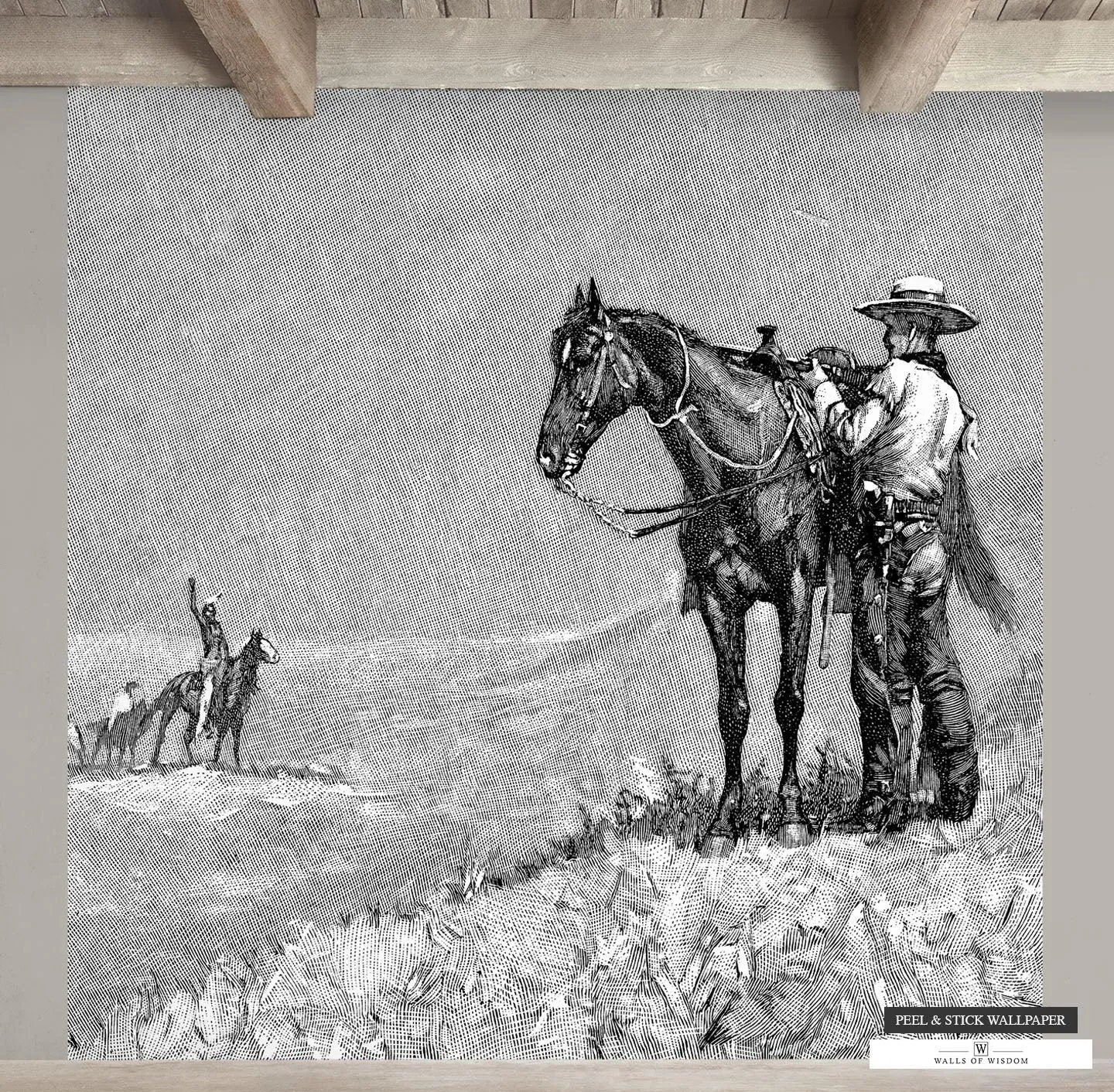 1886 Cowboy and Indians Engraving Wallpaper Mural - Monochrome Landscape Western Wall Art