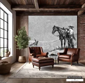 1886 Cowboy and Indians Engraving Wallpaper Mural - Monochrome Landscape Western Wall Art