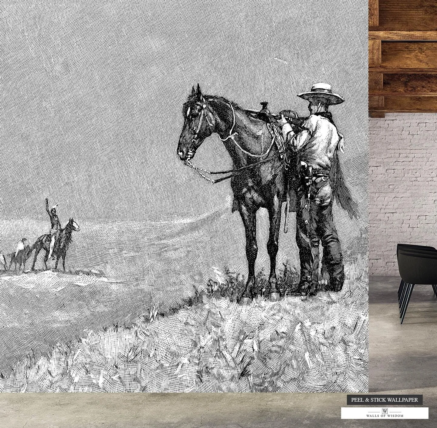 1886 Cowboy and Indians Engraving Wallpaper Mural - Monochrome Landscape Western Wall Art