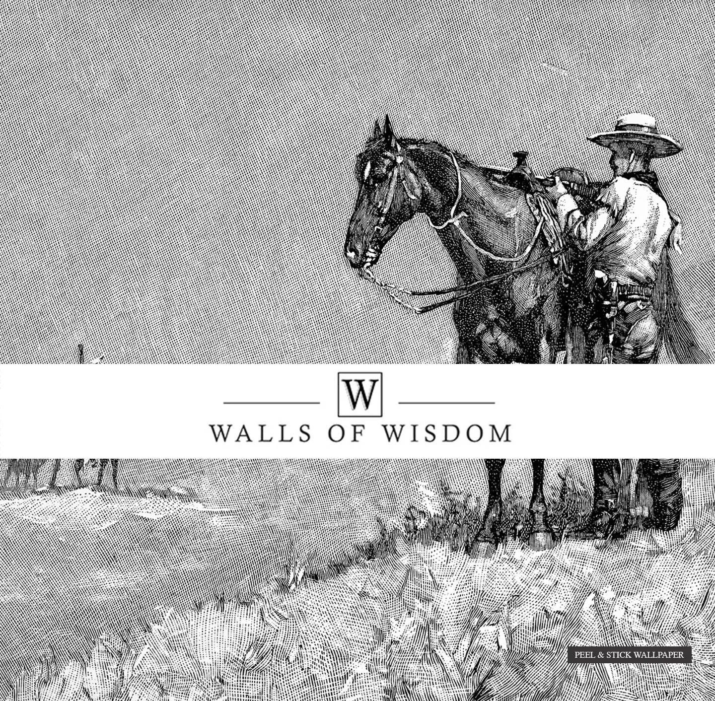 1886 Cowboy and Indians Engraving Wallpaper Mural - Monochrome Landscape Western Wall Art