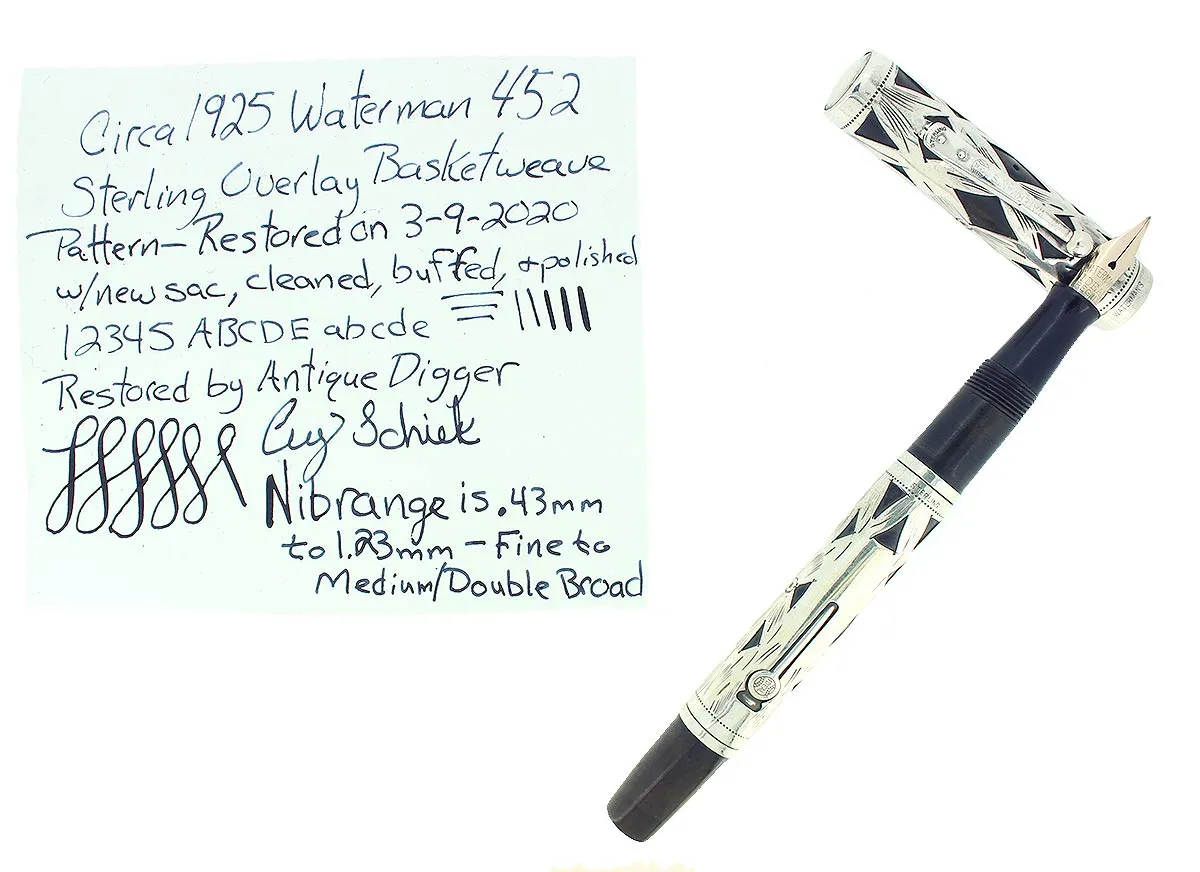 1920S WATERMAN 452 STERLING BASKETWEAVE OVERLAY FOUNTAIN PEN XF-BB NIB RESTORED