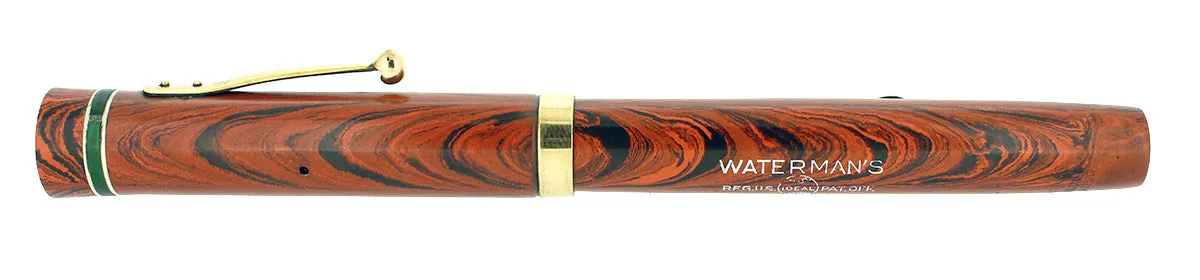 1920S WATERMAN #5 RED RIPPLE GREEN CAP BAND & KEYHOLE NIB FOUNTAIN PEN RESTORED