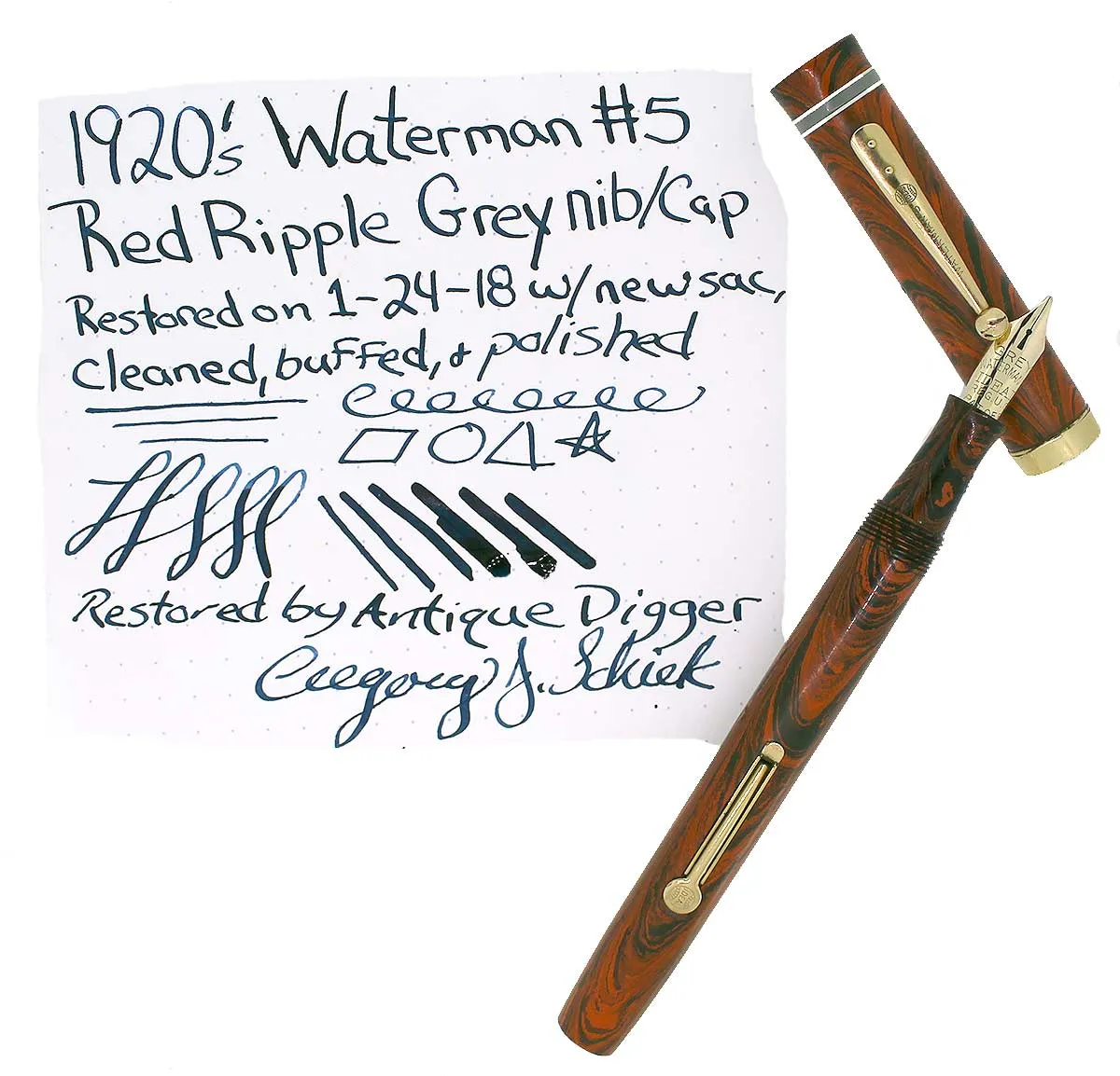 1920S WATERMAN #5 RED RIPPLE GREY CAP BAND & KEYHOLE NIB FOUNTAIN PEN RESTORED