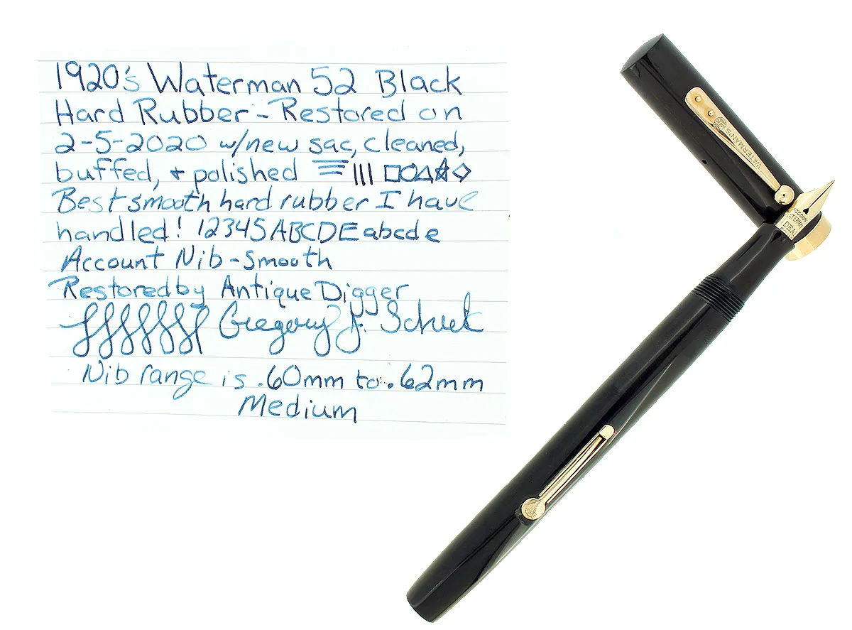 1920S WATERMAN #52 BLACK SMOOTH HARD RUBBER FOUNTAIN PEN RESTORED