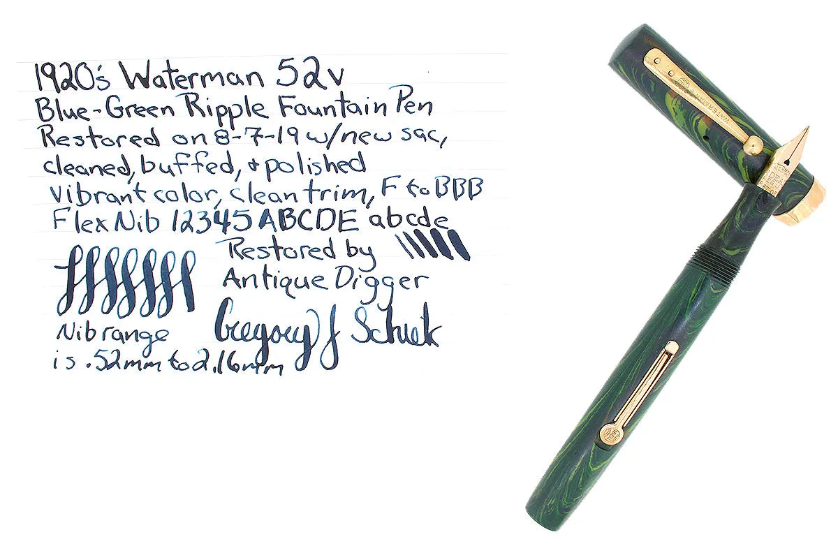 1920S WATERMAN 52V BLUE-GREEN RIPPLE F-BBB 2.16MM FLEX NIB FOUNTAIN PEN RESTORED