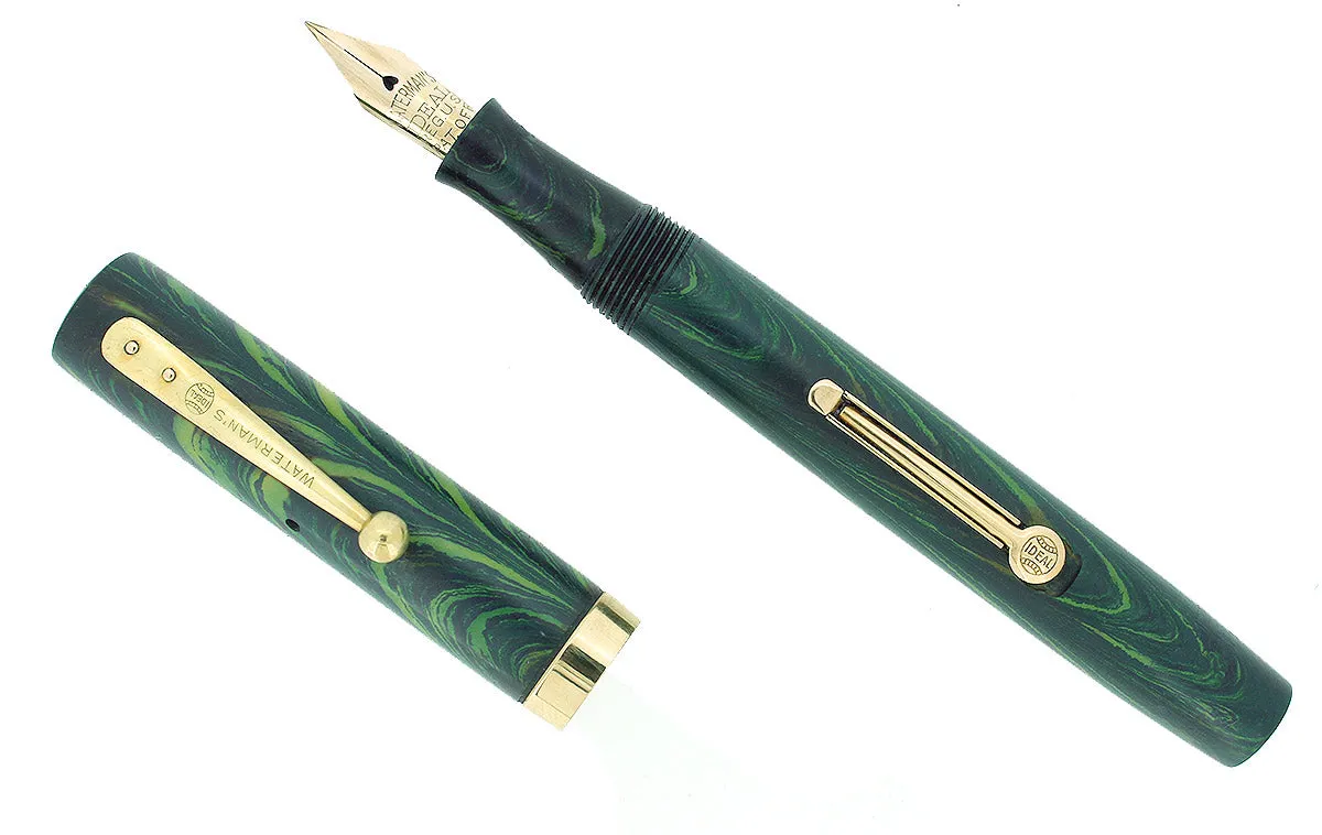 1920S WATERMAN 52V BLUE-GREEN RIPPLE F-BBB 2.16MM FLEX NIB FOUNTAIN PEN RESTORED