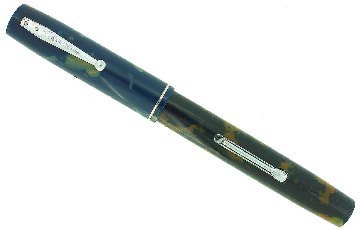 1930s WATERMAN 32 FULL-SIZE BLUE & CREAM CELLULOID FOUNTAIN PEN F-BB  FLEX NIB RESTORED