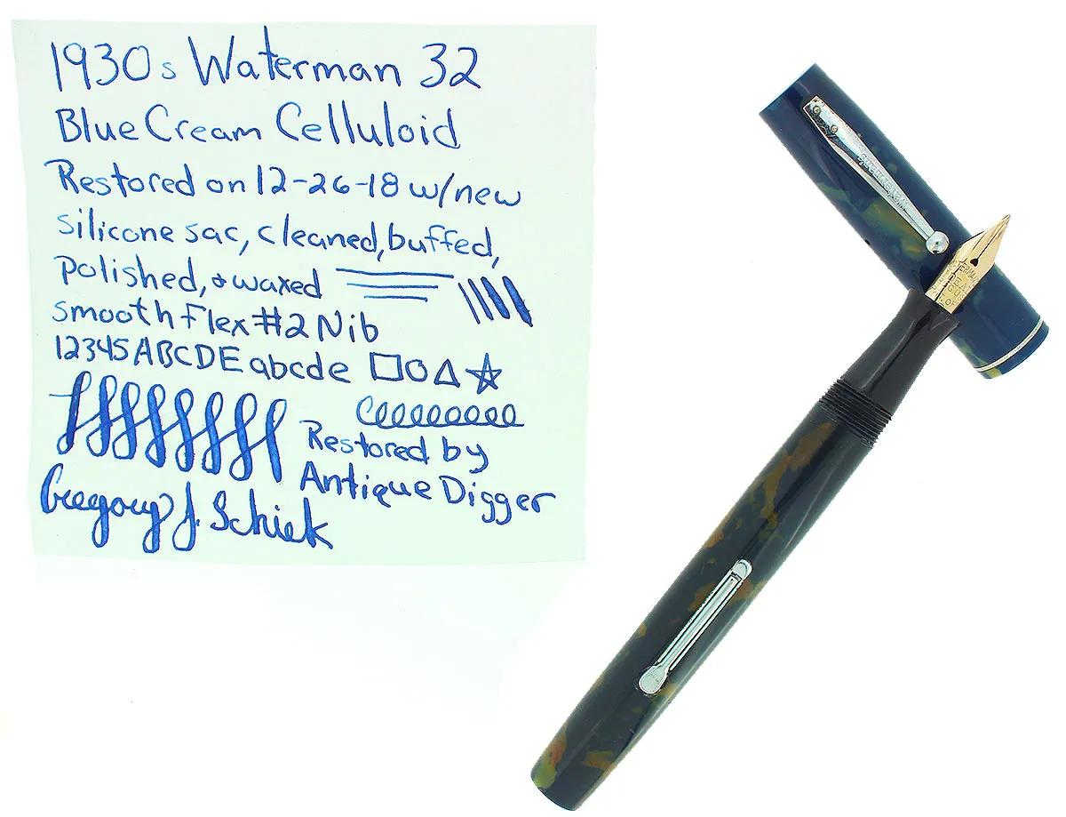 1930s WATERMAN 32 FULL-SIZE BLUE & CREAM CELLULOID FOUNTAIN PEN F-BB  FLEX NIB RESTORED