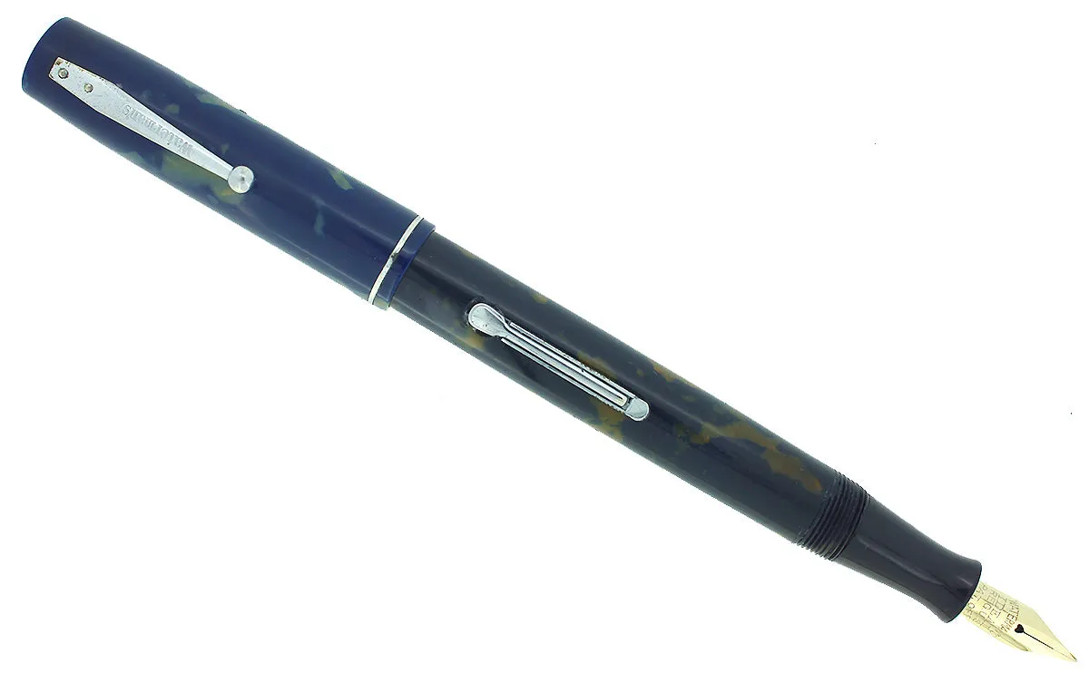 1930s WATERMAN 32 FULL-SIZE BLUE & CREAM CELLULOID FOUNTAIN PEN F-BB  FLEX NIB RESTORED