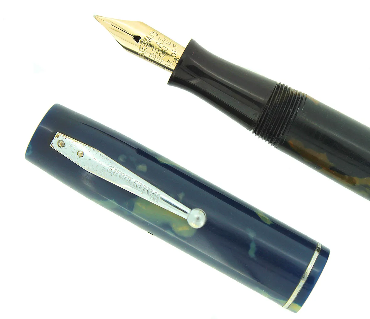 1930s WATERMAN 32 FULL-SIZE BLUE & CREAM CELLULOID FOUNTAIN PEN F-BB  FLEX NIB RESTORED