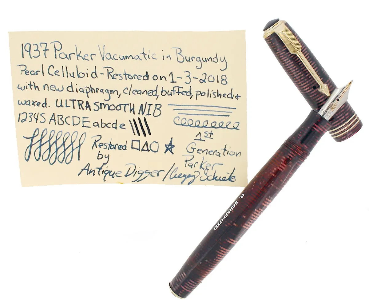 1937 PARKER BURGUNDY PEARL DOUBLE JEWEL VACUMATIC STANDARD SIZE FOUNTAIN PEN IN RESTORED CONDITION