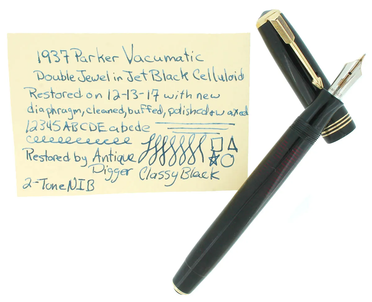 1937 PARKER DOUBLE JEWEL VACUMATIC JET BLACK FOUNTAIN PEN WITH 2-TONE NIB IN RESTORED CONDITION