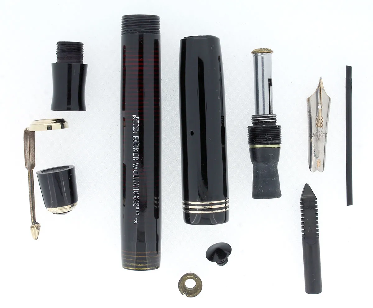 1937 PARKER DOUBLE JEWEL VACUMATIC JET BLACK FOUNTAIN PEN WITH 2-TONE NIB IN RESTORED CONDITION