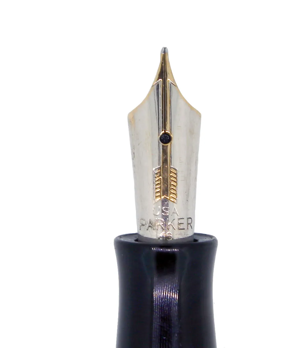 1937 PARKER DOUBLE JEWEL VACUMATIC JET BLACK FOUNTAIN PEN WITH 2-TONE NIB IN RESTORED CONDITION