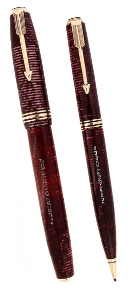 1937 PARKER VACUMATIC SENIOR BURGUNDY PEARL FOUNTAIN PEN & PENCIL RESTORED SCARCE