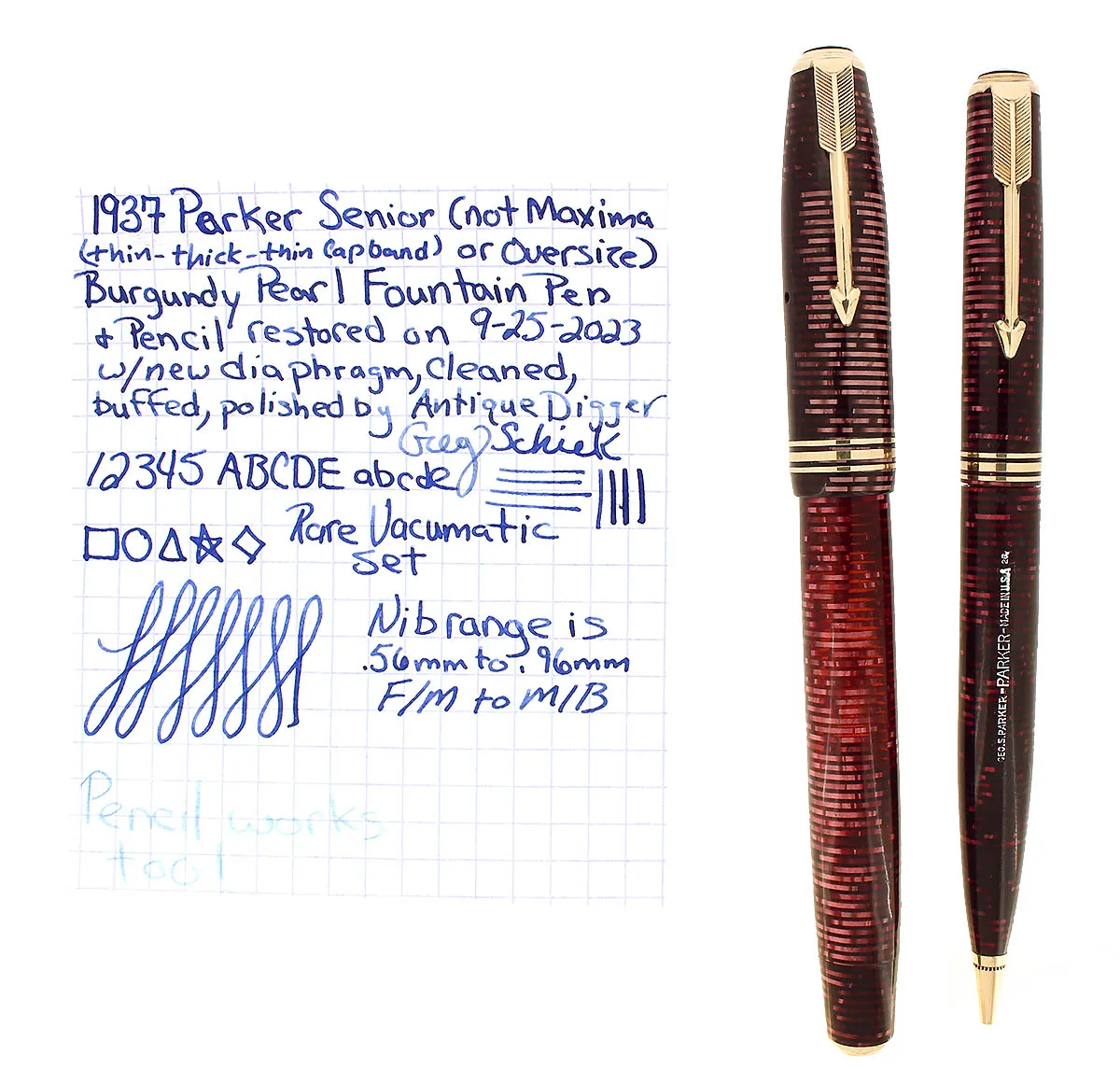 1937 PARKER VACUMATIC SENIOR BURGUNDY PEARL FOUNTAIN PEN & PENCIL RESTORED SCARCE