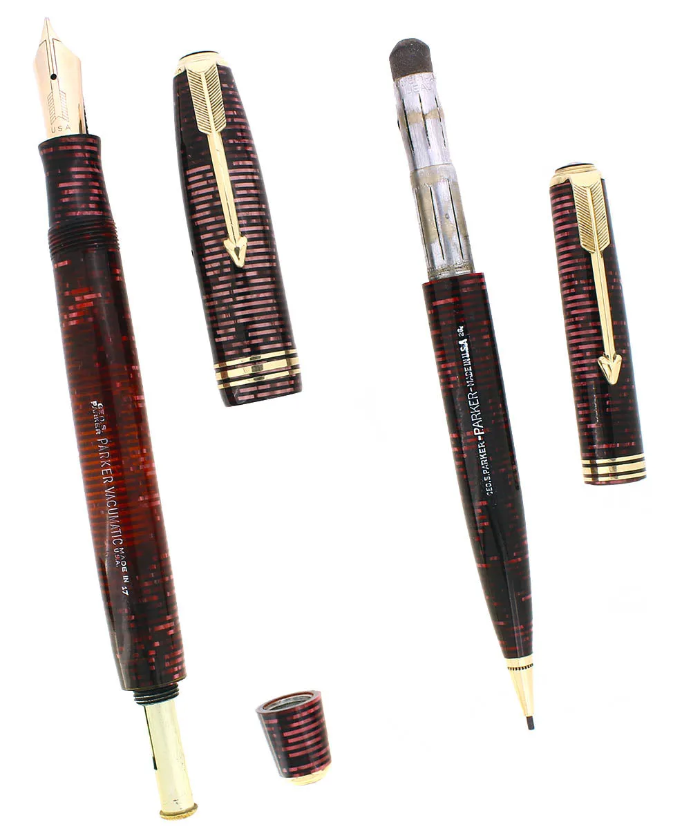 1937 PARKER VACUMATIC SENIOR BURGUNDY PEARL FOUNTAIN PEN & PENCIL RESTORED SCARCE