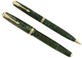 1939 PARKER EMERALD PEARL CELLULOID DOUBLE JEWEL VACUMATIC FOUNTAIN PEN SET RESTORED