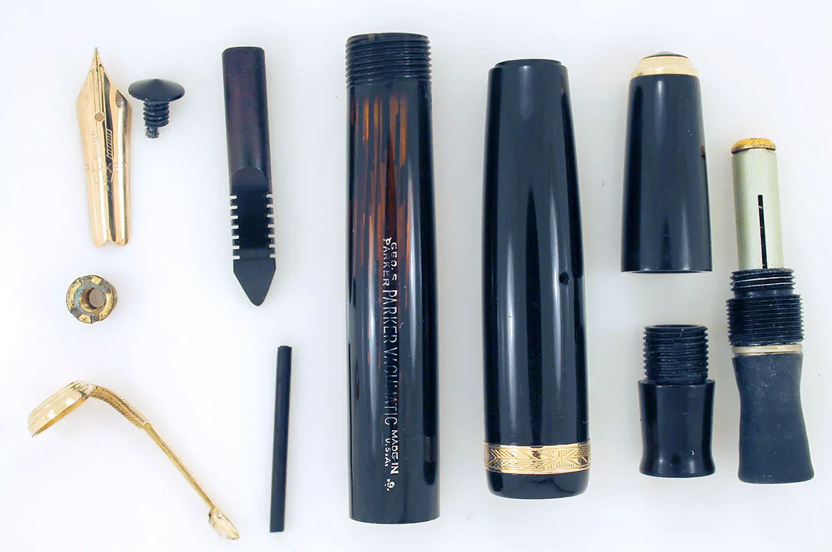 1939 PARKER JET BLACK DOUBLE JEWEL VACUMATIC SHADOW WAVE FOUNTAIN PEN RESTORED