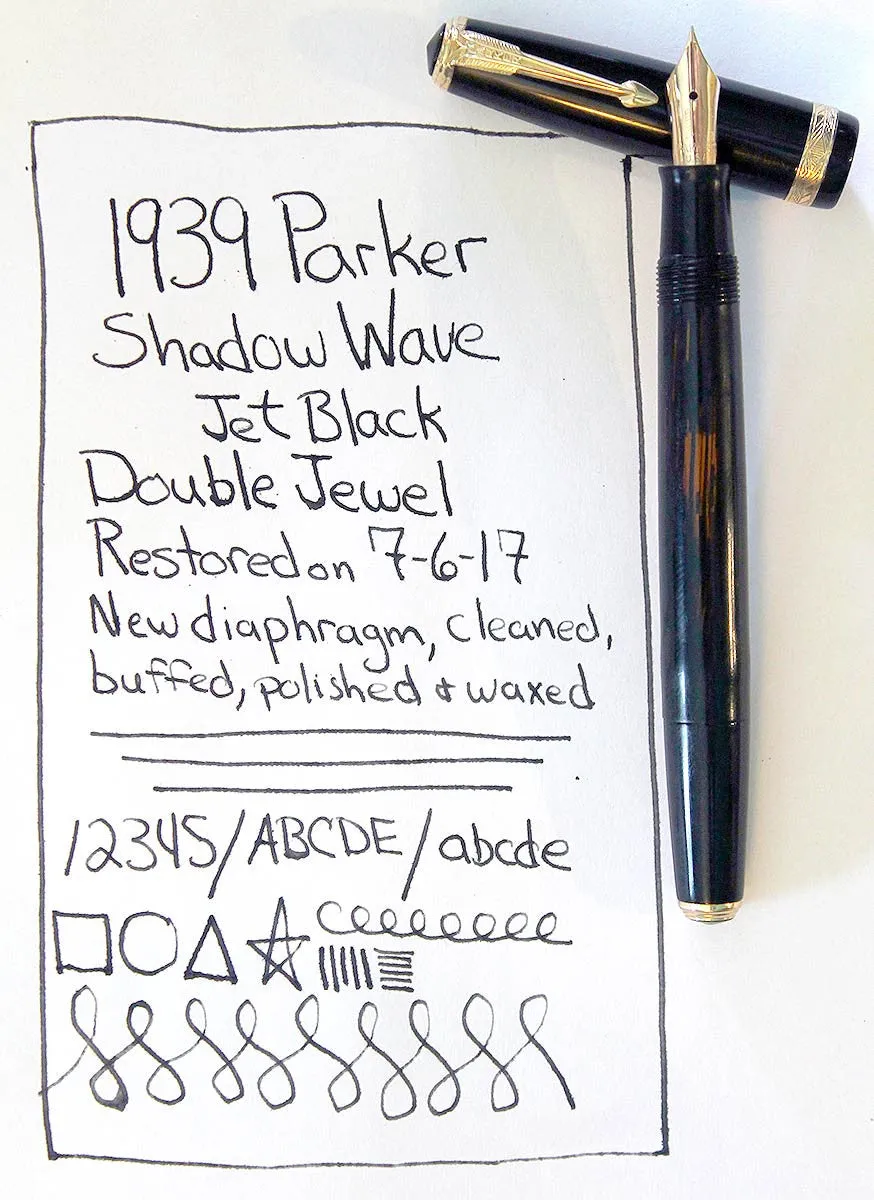 1939 PARKER JET BLACK DOUBLE JEWEL VACUMATIC SHADOW WAVE FOUNTAIN PEN RESTORED