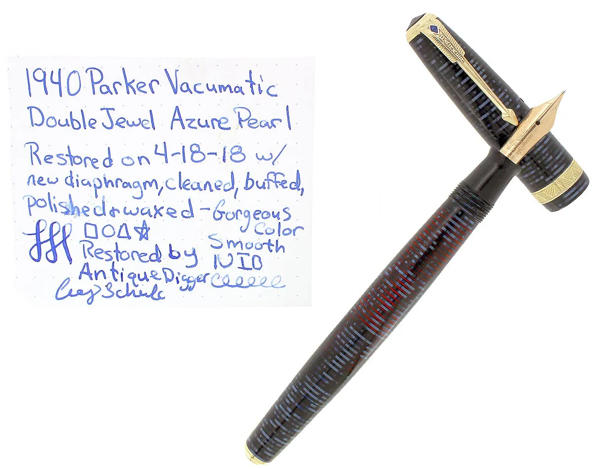 1940 PARKER AZURE BLUE VACUMATIC DOUBLE JEWEL FOUNTAIN PEN MAJOR SIZE RESTORED