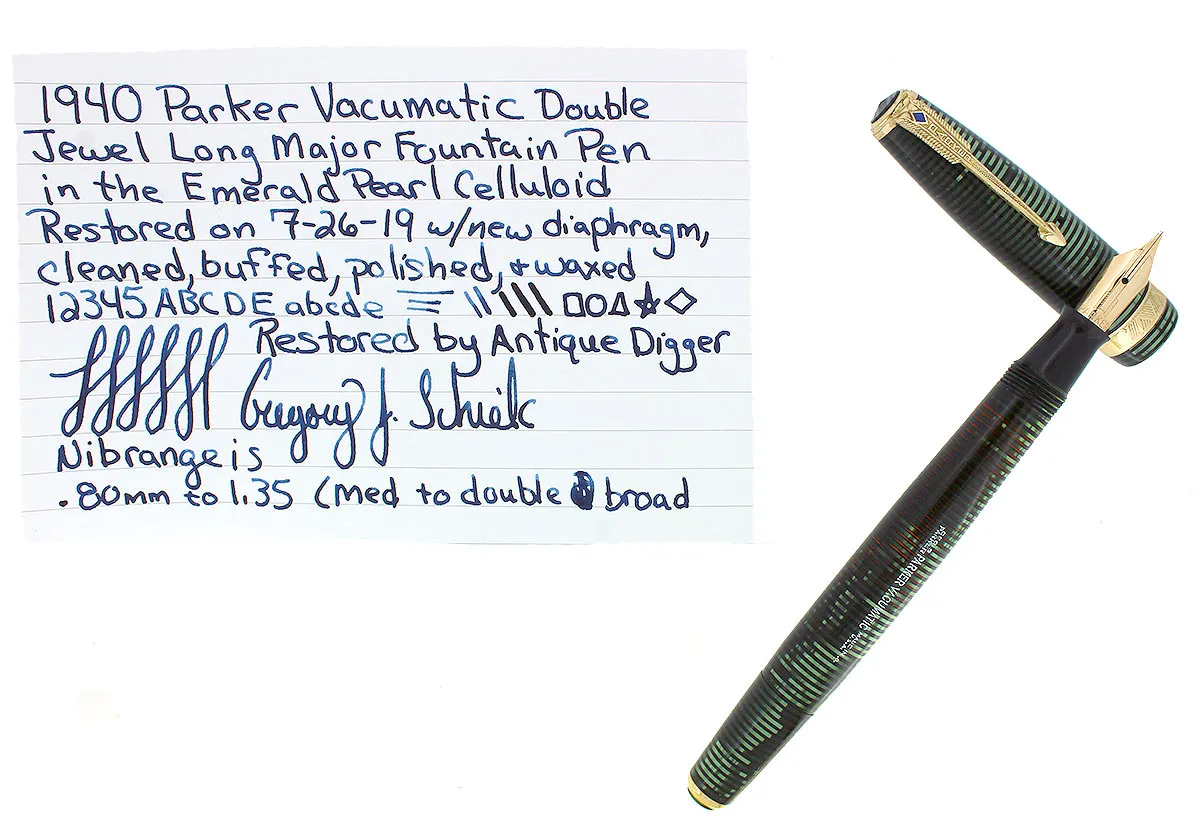 1940 PARKER VACUMATIC EMERALD PEARL DOUBLE JEWEL LONG MAJOR FOUNTAIN PEN RESTORED