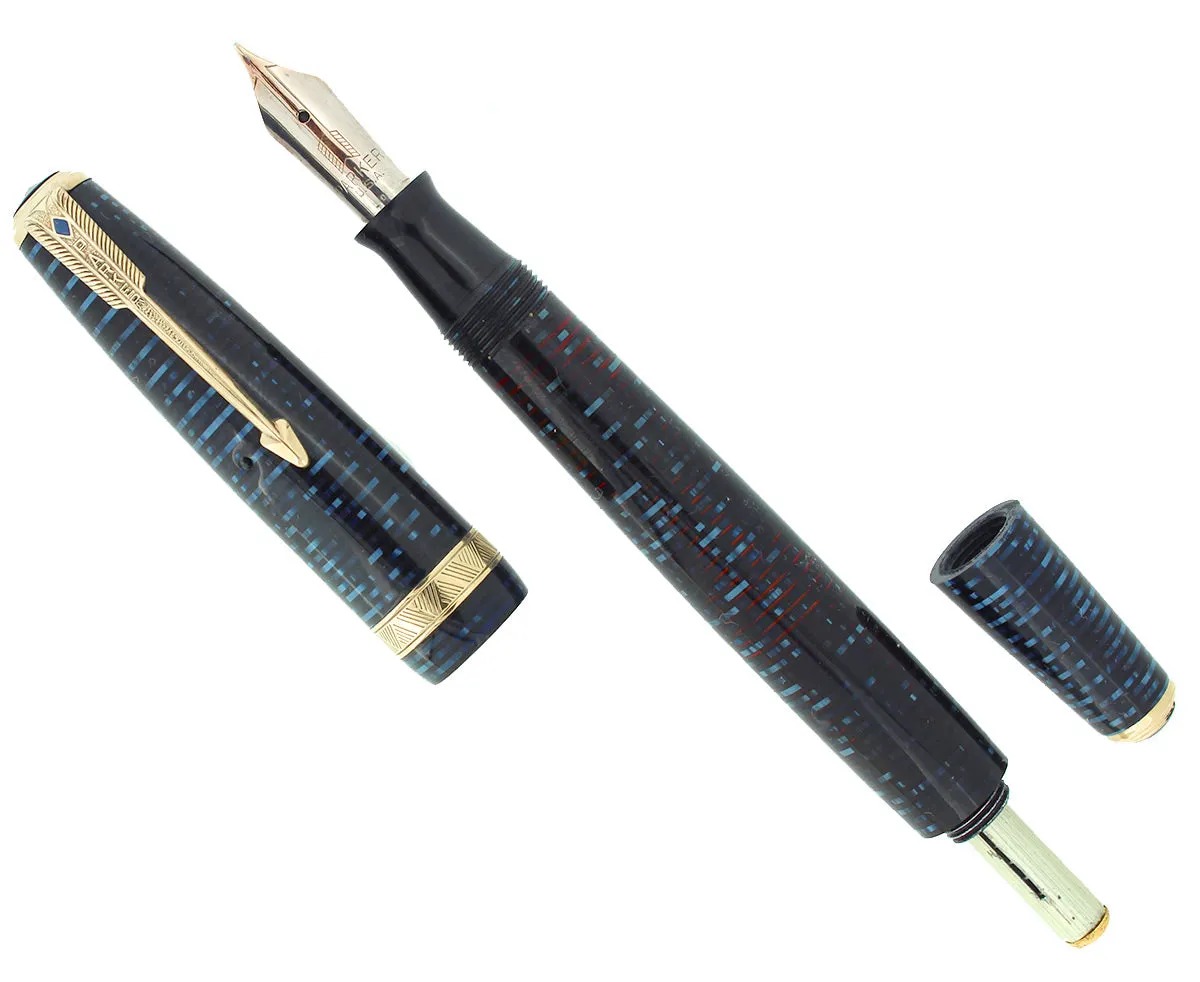 1941 PARKER VACUMATIC AZURE PEARL DOUBLE JEWEL LONG MAJOR FOUNTAIN PEN RESTORED