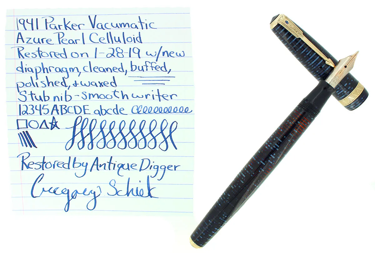 1941 PARKER VACUMATIC AZURE PEARL DOUBLE JEWEL LONG MAJOR FOUNTAIN PEN RESTORED