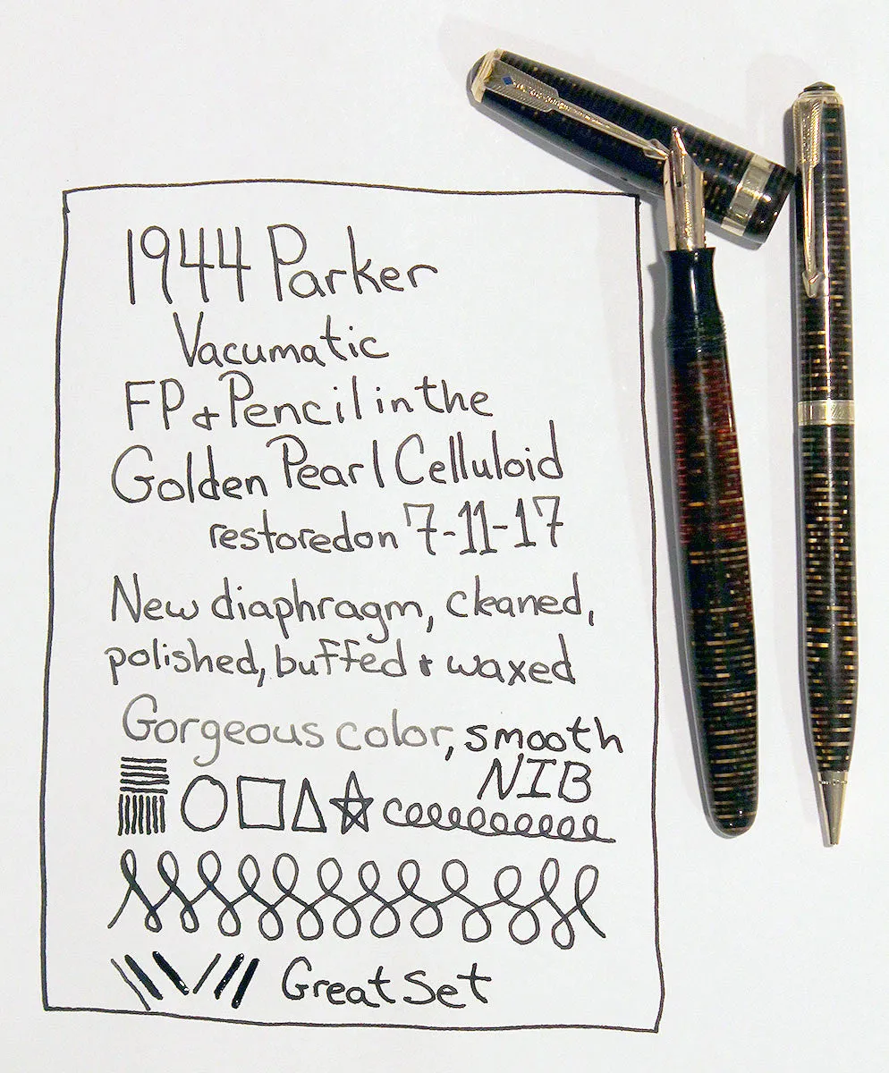 1944 PARKER GOLDEN PEARL VACUMATIC FOUNTAIN PEN & PENCIL SET RESTORED