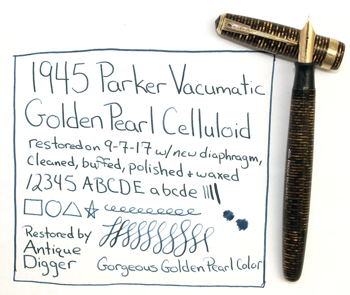 1945 PARKER GOLDEN PEARL VACUMATIC MAJOR FOUNTAIN PEN F to BB FLEX NIB WITH SEAMED CELLULOID RESTORED