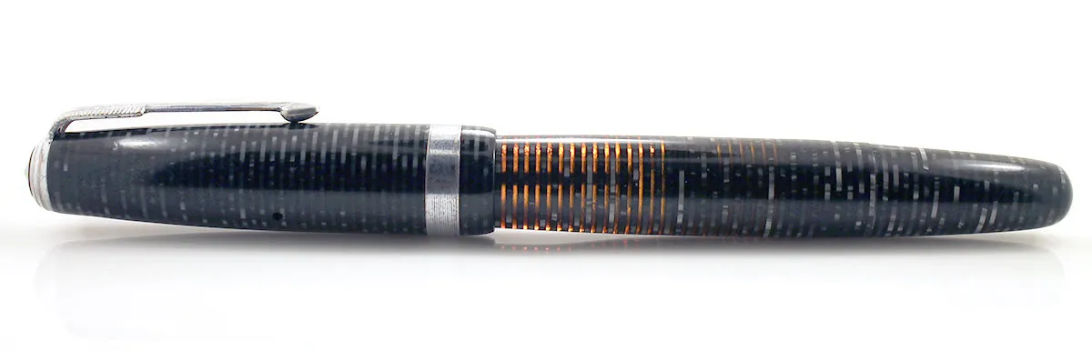 1945 PARKER SILVER PEARL VACUMATIC MAJOR FOUNTAIN PEN COIN STACKED JEWELERS BAND RESTORED