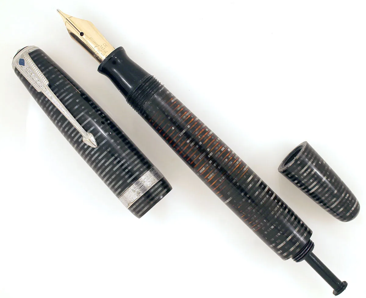 1945 PARKER SILVER PEARL VACUMATIC MAJOR FOUNTAIN PEN COIN STACKED JEWELERS BAND RESTORED