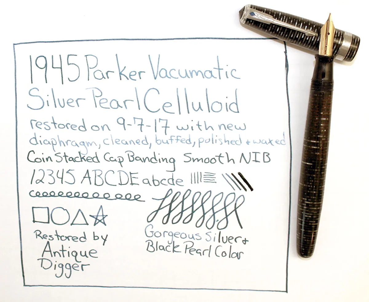 1945 PARKER SILVER PEARL VACUMATIC MAJOR FOUNTAIN PEN COIN STACKED JEWELERS BAND RESTORED