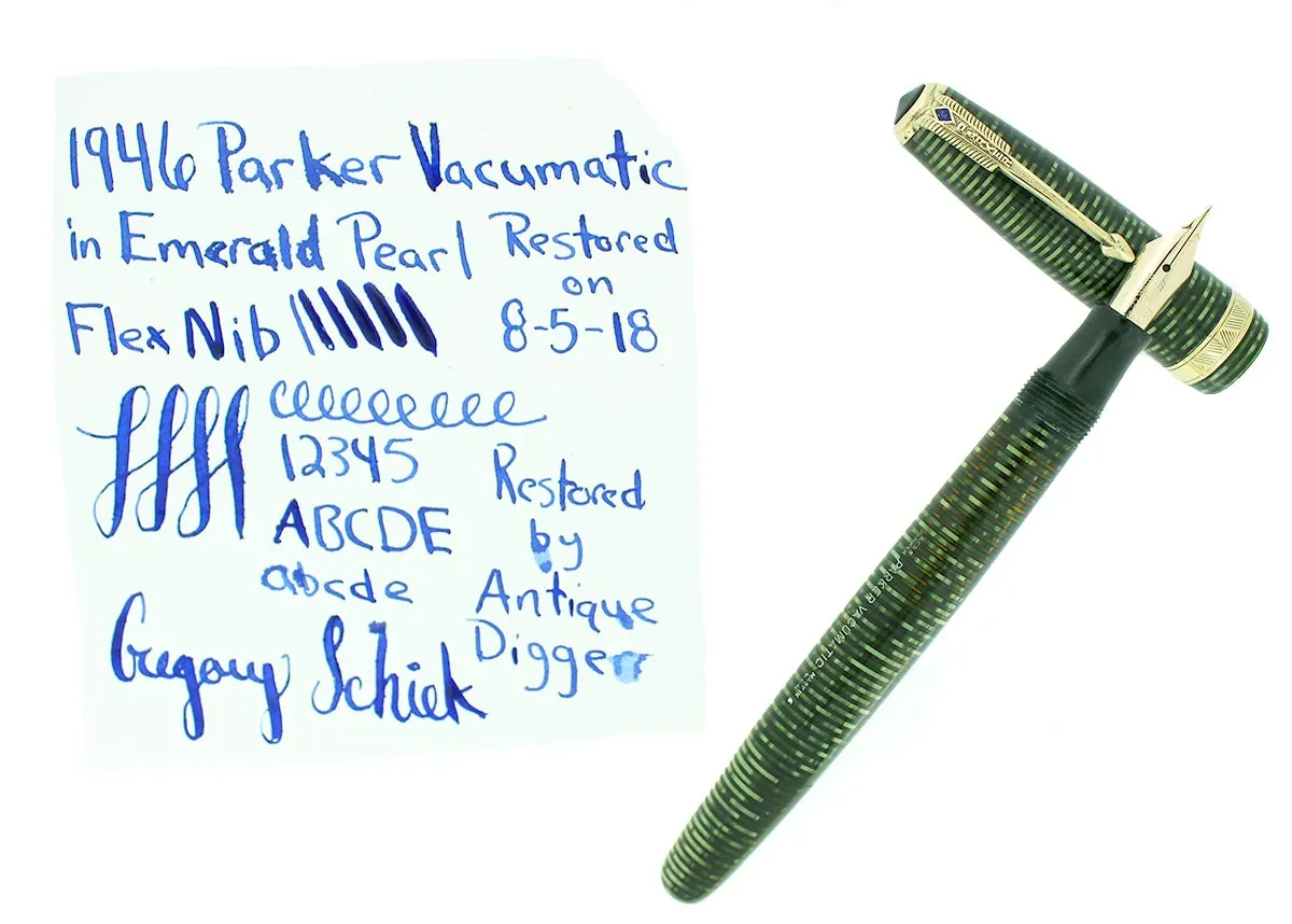 1946 PARKER EMERALD PEARL VACUMATIC MAJOR FOUNTAIN PEN F-BBB  FLEX NIB RESTORED