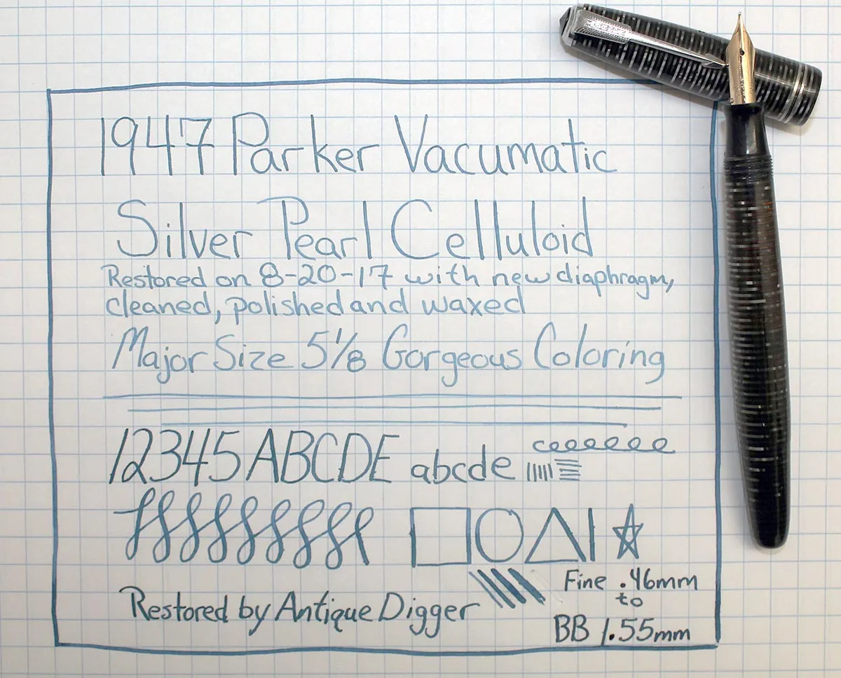 1947 PARKER SILVER PEARL VACUMATIC MAJOR FOUNTAIN PEN F to BB FLEX NIB RESTORED