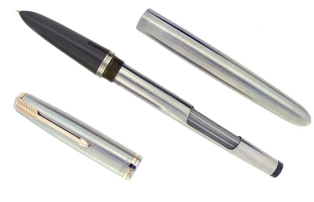 1950 PARKER 51 FLIGHTER AEROMETRIC FOUNTAIN PEN STAINLESS STEEL M NIB RESTORED