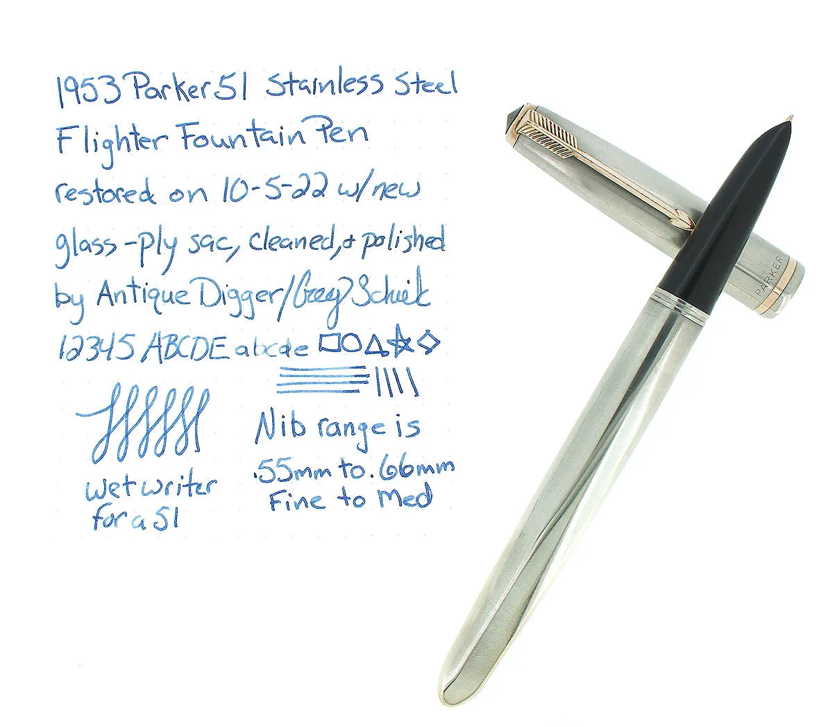 1950 PARKER 51 FLIGHTER AEROMETRIC FOUNTAIN PEN STAINLESS STEEL M NIB RESTORED