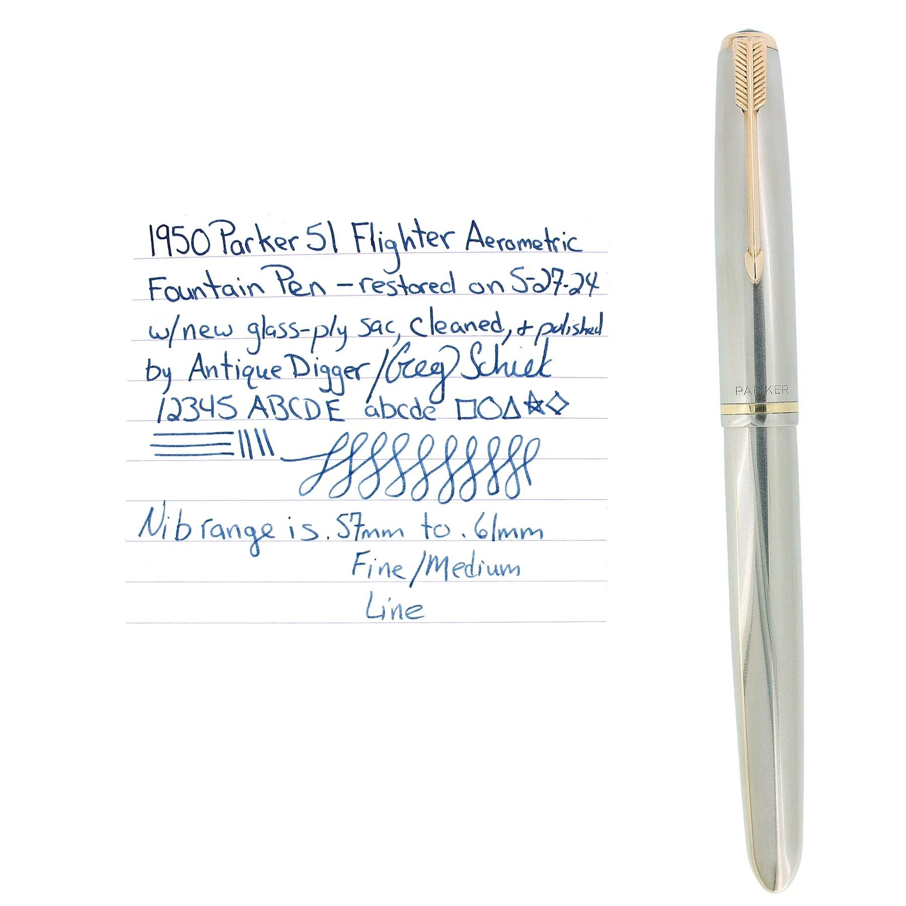 1950 PARKER 51 STAINLESS STEEL FLIGHTER AEROMETRIC FINE NIB FOUNTAIN PEN RESTORED