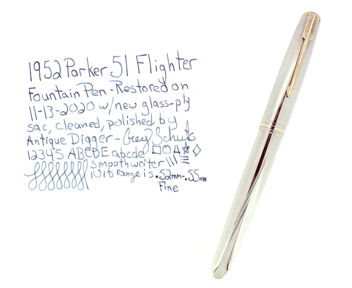 1952 PARKER 51 FLIGHTER AEROMETRIC FOUNTAIN PEN STAINLESS STEEL FINE NIB RESTORED