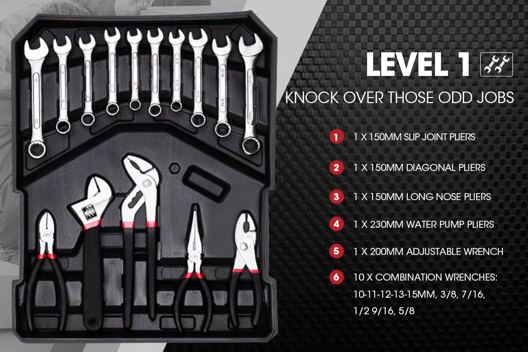 925Pc Tool Box Set on Wheels, Chrome Vanadium Tools, Bullet