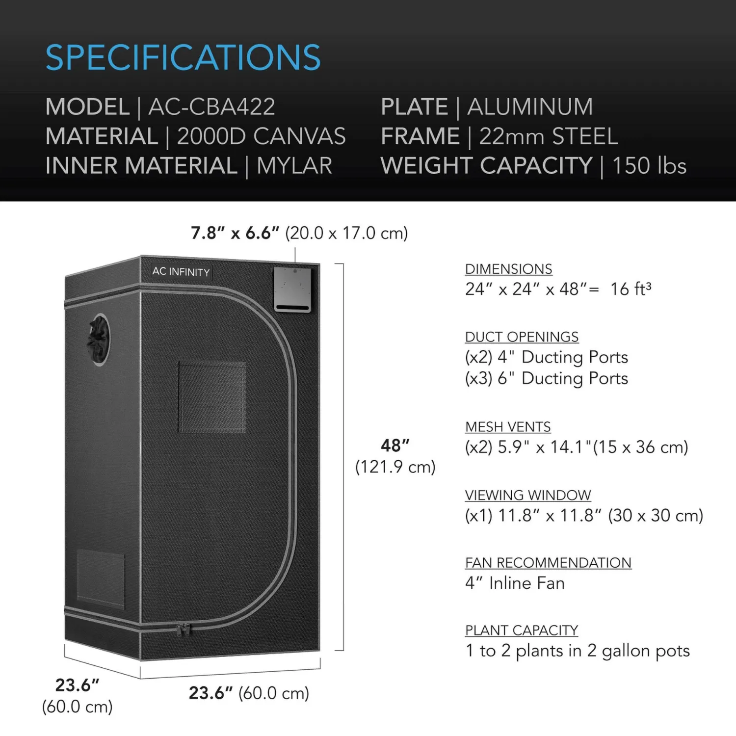 AC Infinity CLOUDLAB 422, Advance Grow Tent 2x2, 2000D Diamond Mylar Canvas, 24" x 24" x 48"