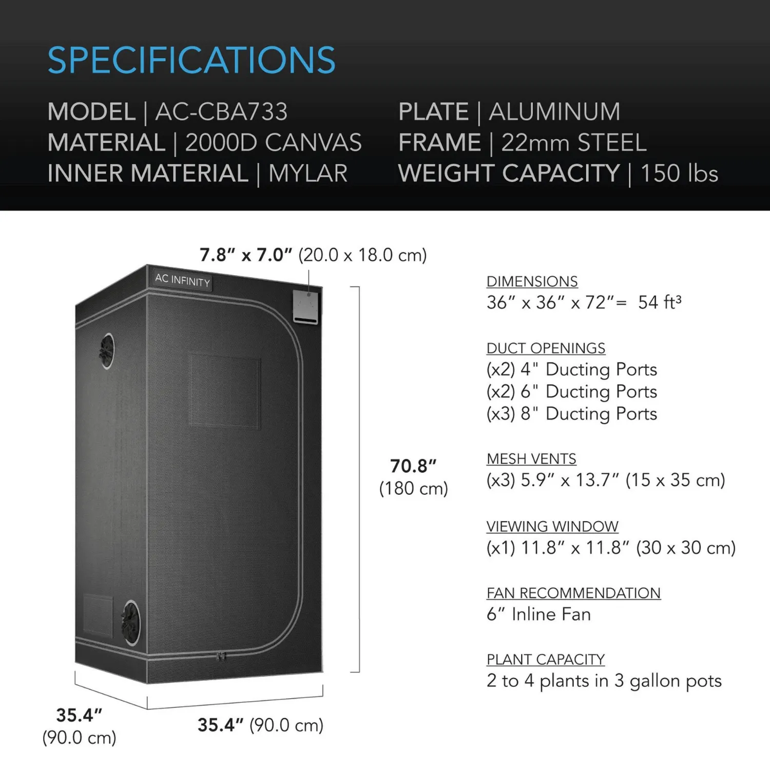 AC Infinity CLOUDLAB 733, Advance Grow Tent 3x3, 2000D Diamond Mylar Canvas, 36" x 36" x 72"