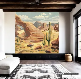 Arizona Desert Landscape Mural - Vintage Horse & Cactus Scene, Peel & Stick Wallpaper: