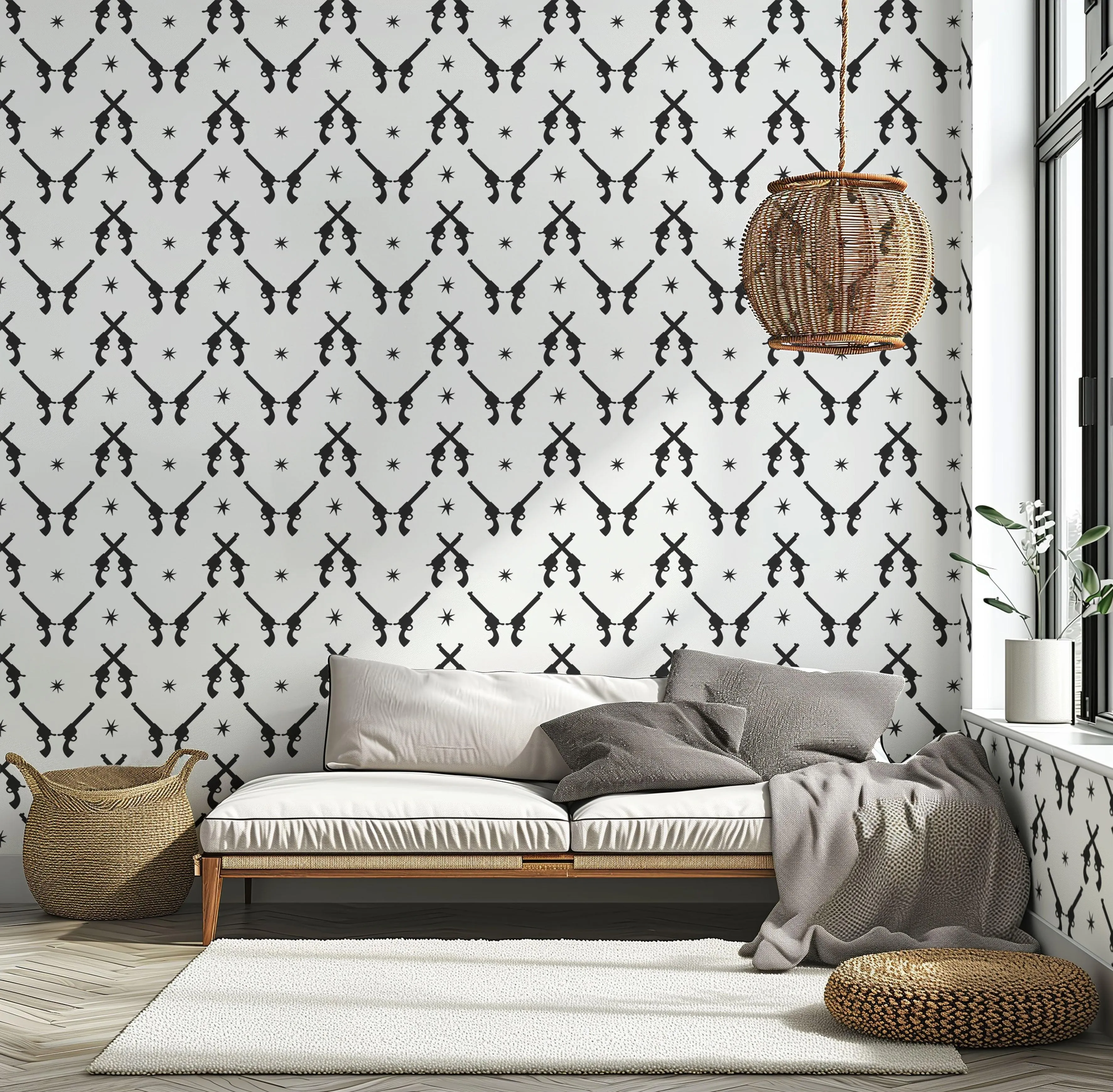 Black & White Pistols and Stars Wallpaper: Retro Western Peel & Stick for Modern Decor