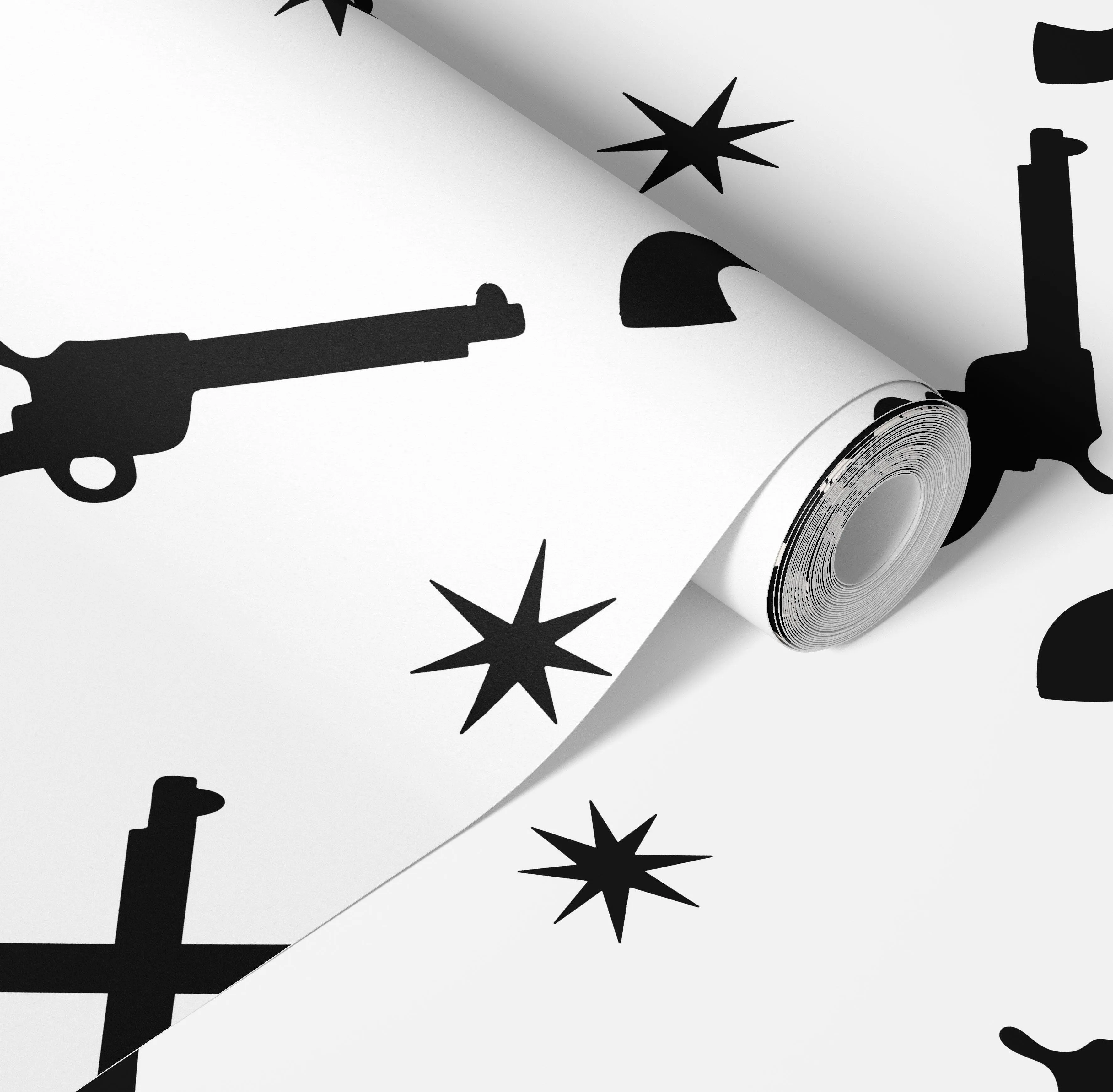 Black & White Pistols and Stars Wallpaper: Retro Western Peel & Stick for Modern Decor