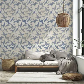 Blue Nova Cranes Peel & Stick Wallpaper: Japanese-Inspired, Neutral Tones