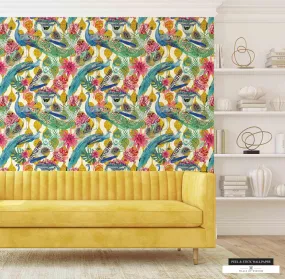 Boho Hippie Peel & Stick Wallpaper - Colorful Peacock & Floral, Buddhist-Inspired, Removable